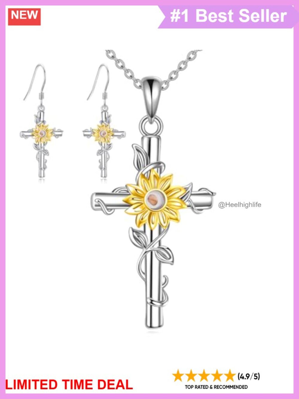 925 Sterling Silver Mustard Seed Necklace Earrings Set Faith Sunflower Cross